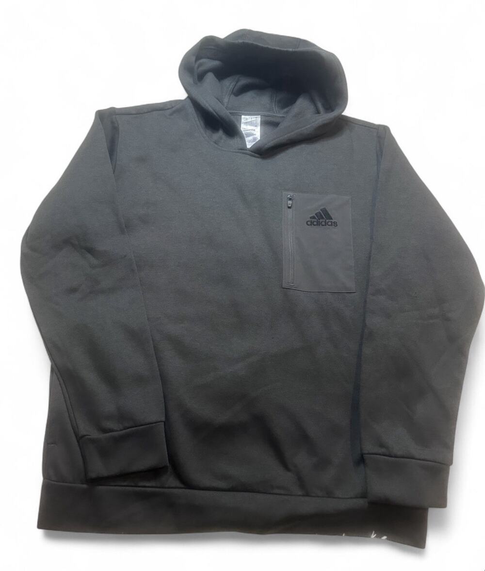 Adidas Mens L Charcoal Gray Fleece Pullover Hoodie Zipper Chest Pocket Athletic